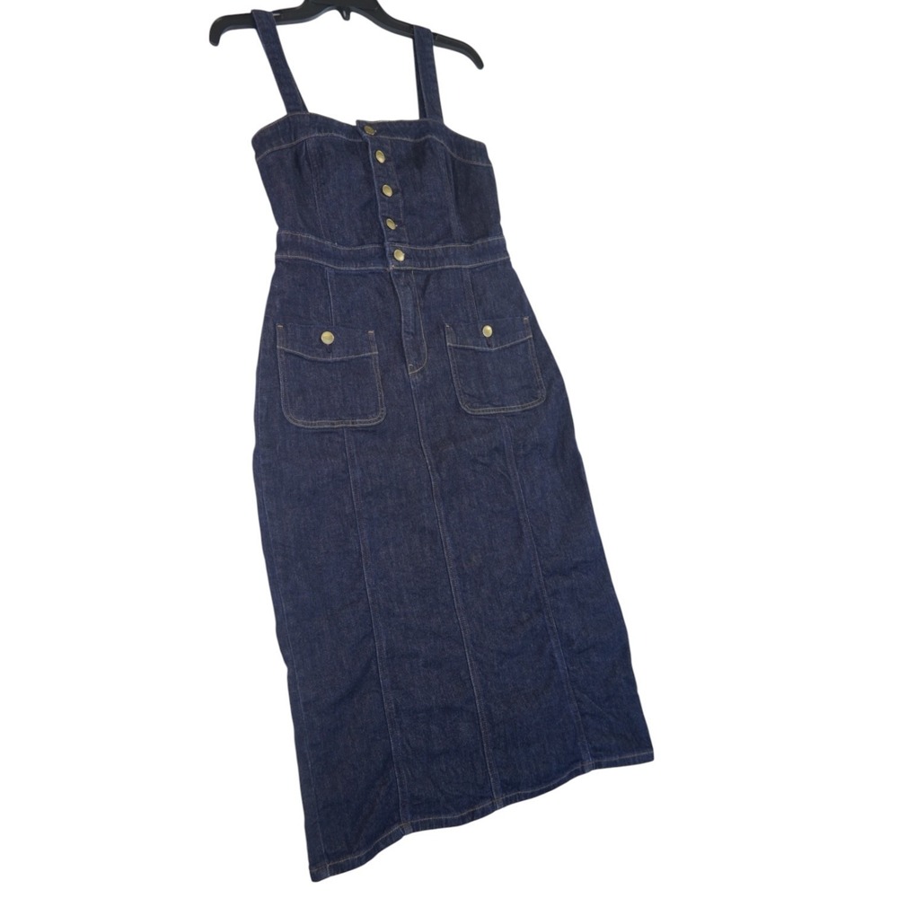 American Eagle Outfitters Midi Dress Women M Blue Denim Cotton Stretch Button Up - Picture 2 of 15